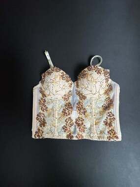 Marciano Beaded Floral Bustier Corset Top with Rhinestones and Gold Embroidery